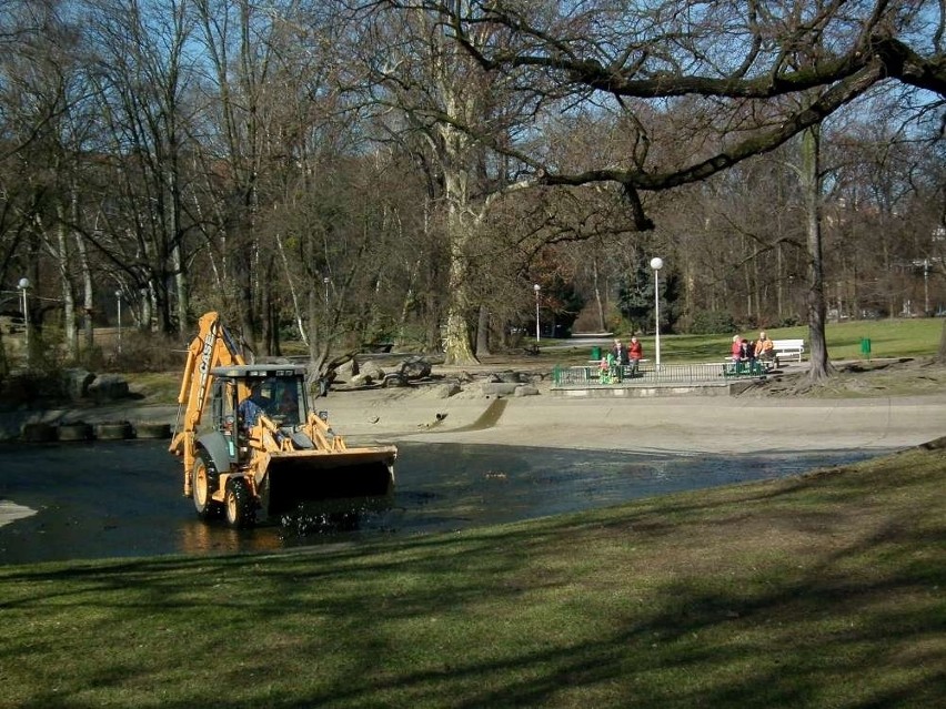 Czyszczenie stawu w parku Wilsona w Poznaniu