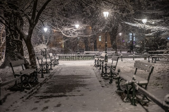 Ośnieżone Planty jak zawsze prezentują się bajkowo