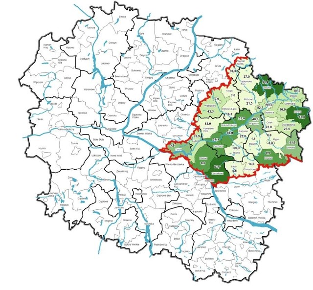 Obszar funkcjonalny Zielone Płuca Polski na tle województwa kujawsko-pomorskiego.