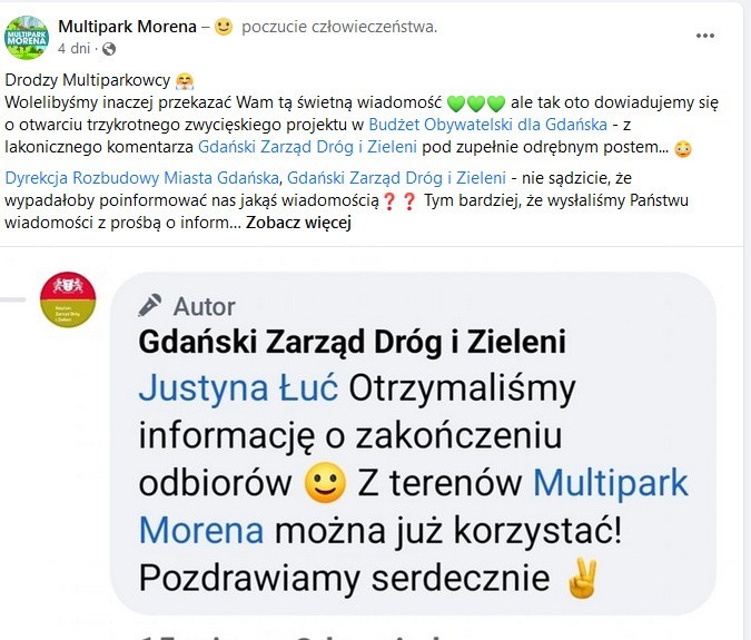 Gdańsk. Złe zagospodarowanie obiektu Multipark Morena. Teren parku zaśmiecony