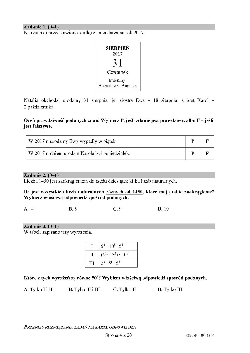 EGZAMIN ÓSMOKLASISTY. Matematyka (ARKUSZE CKE). Odpowiedzi i rozwiązania zadań znajdziesz tutaj po egzaminie ósmoklaisty