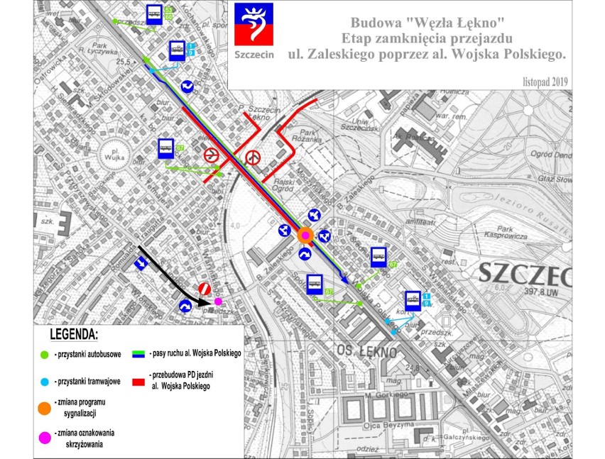 Węzeł Łękno w Szczecinie. Uwaga! Zmiany w organizacji ruchu od 7.11.2019 r. Również dla pasażerów [MAPA, OBJAZDY]