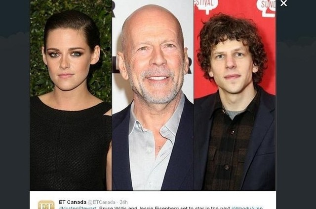 Kristen Stewart, Bruce Willis i Jesse Eisenberg wystąpią w nowym filmie Woody'ego Allena (fot. screen z Twitter.com)