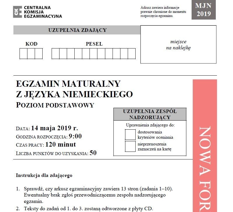 Matura 2019. Język niemiecki poziom podstawowy ODPOWIEDZI, ARKUSZ CKE. Matura z j. niemieckiego podstawa 14.05.2019