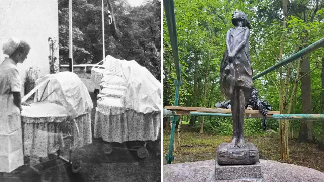 Dzieci urodzone w ośrodku Lebensborn (z lewej). Po prawej pomnik, który zostanie odsłonięty w piątek w Połczynie-Zdroju.