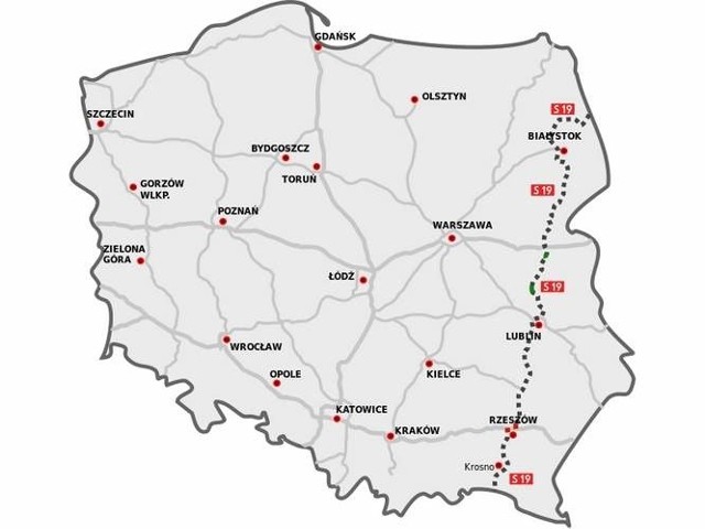 Skrócony przebieg trasy S19. Planowana droga ekspresowa pomiędzy przejściem granicznym z Białorusią w Kuźnicy Białostockiej a granicą ze Słowacją w Barwinku.