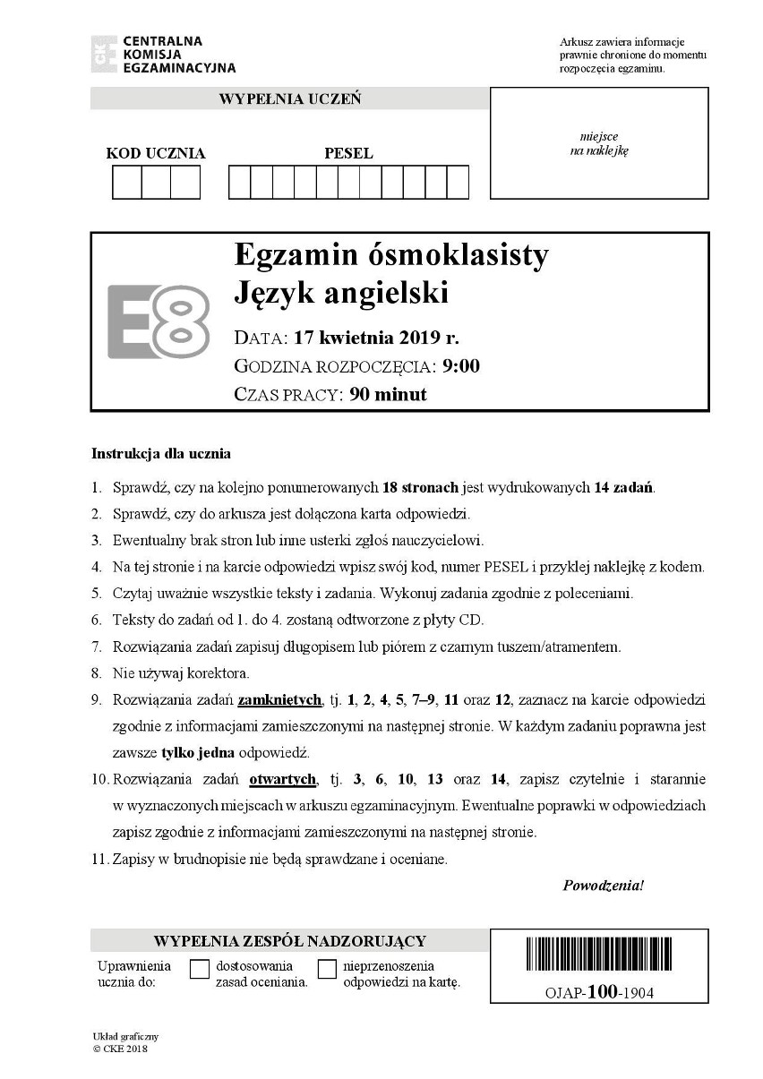 Egzamin ósmoklasisty 2019, język angielski: arkusze CKE, odpowiedzi [17.04.2019]