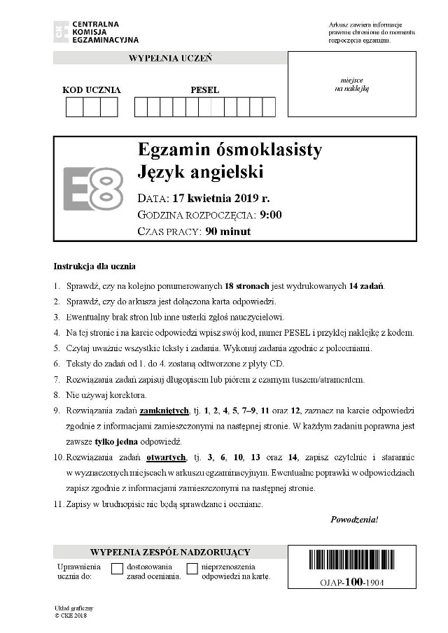 Egzamin ósmoklasisty 2019, język angielski: arkusze CKE, odpowiedzi [17.04. 2019] | Nowiny