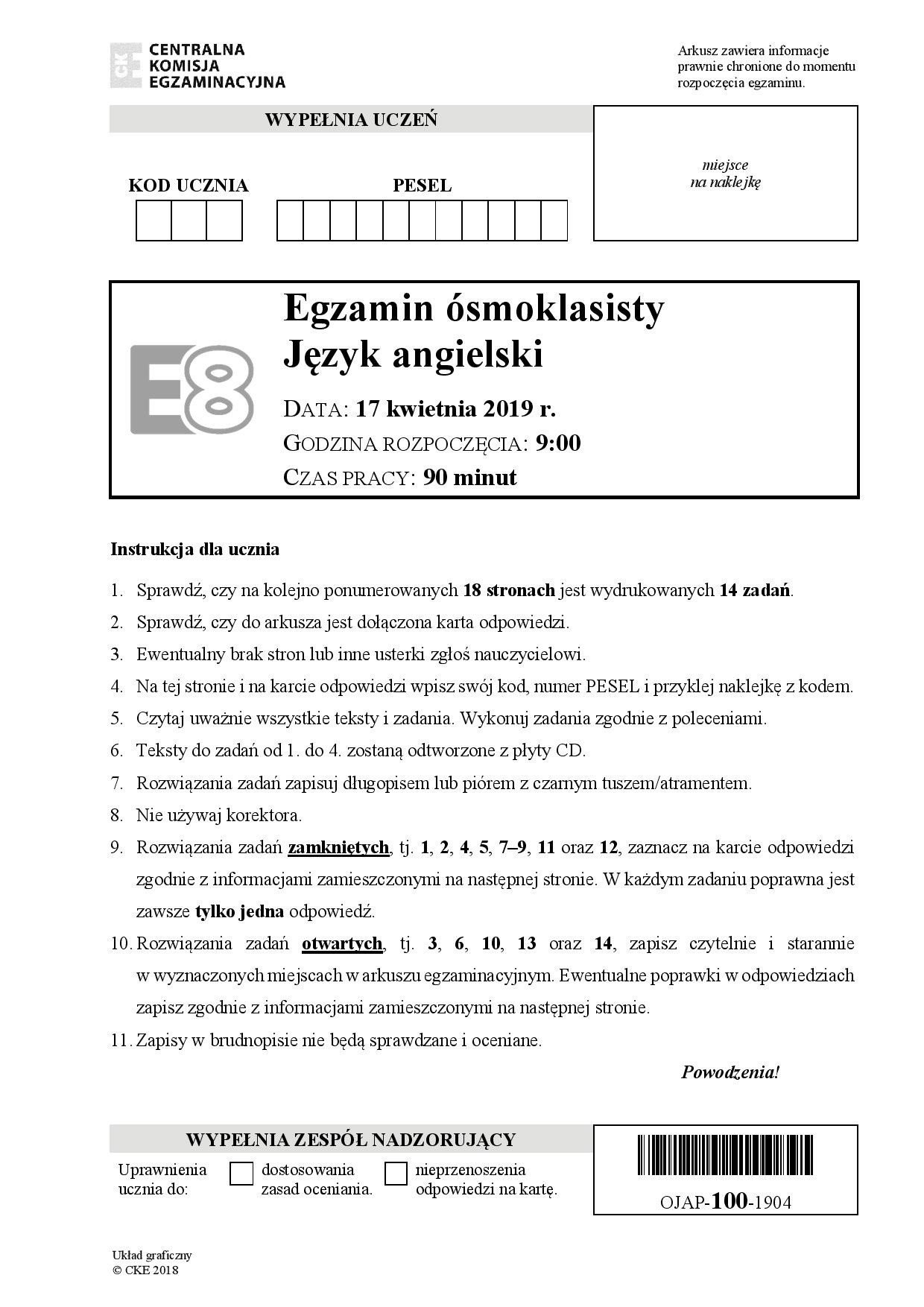 Egzamin ósmoklasisty 2019, język angielski: arkusze CKE, odpowiedzi [17.04. 2019] | Nowiny