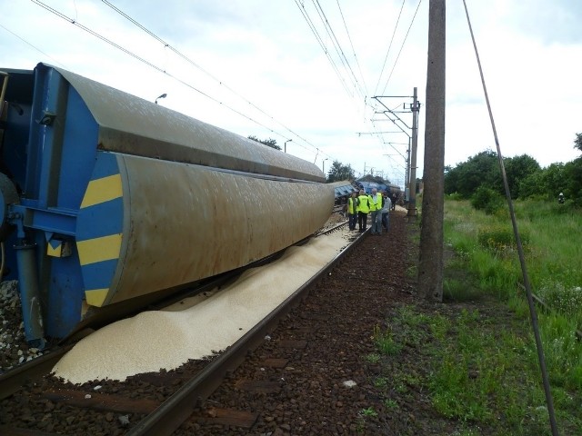 Pociąg z nawozami wykoleił się ok. 15 we wtorek, zerwał trakcję i część linii kolejowej