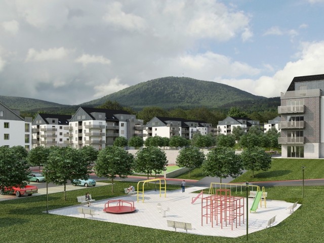 Wizualizacja nowego osiedla z 600 mieszkaniami, które zostanie wybudowane na terenie dzielnicy Biały Kamień w Wałbrzychu