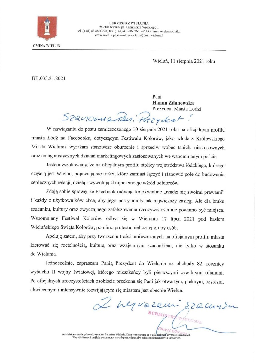 List Burmistrza Wielunia Pawła Okrasy