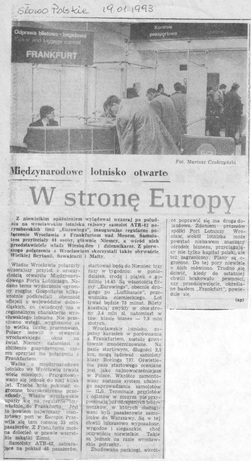 Wrocław: 20 lat temu z lotniska odleciał pierwszy samolot za granicę