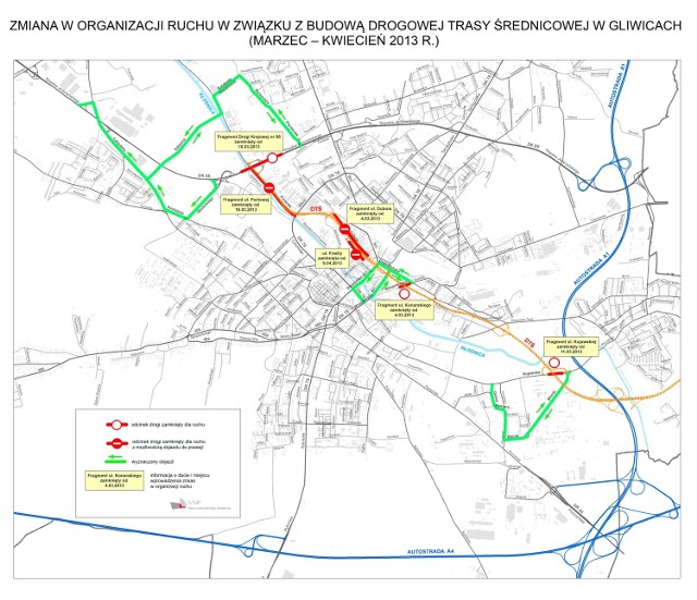 Budowa DTŚ w Gliwicach - mapa objazdów