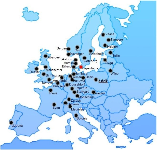 Mapa połączeń linii SAS z Łodzi przez Kopenhagę