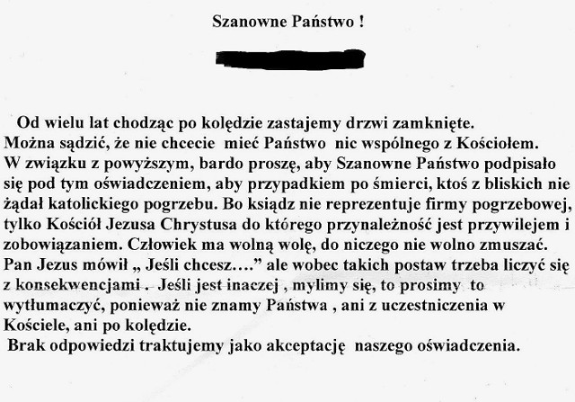 Pismo takiej treści trafiło do parafian