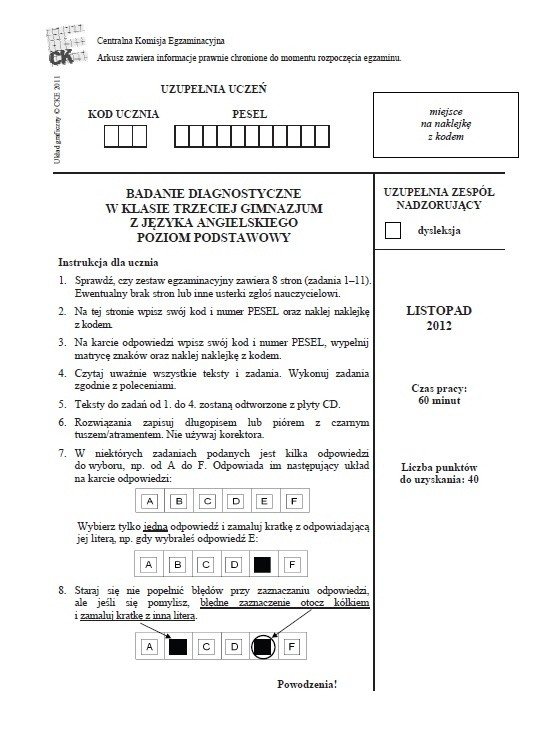 Próbny egzamin gimnazjalny: Język angielski podstawowy (ODPOWIEDZI I