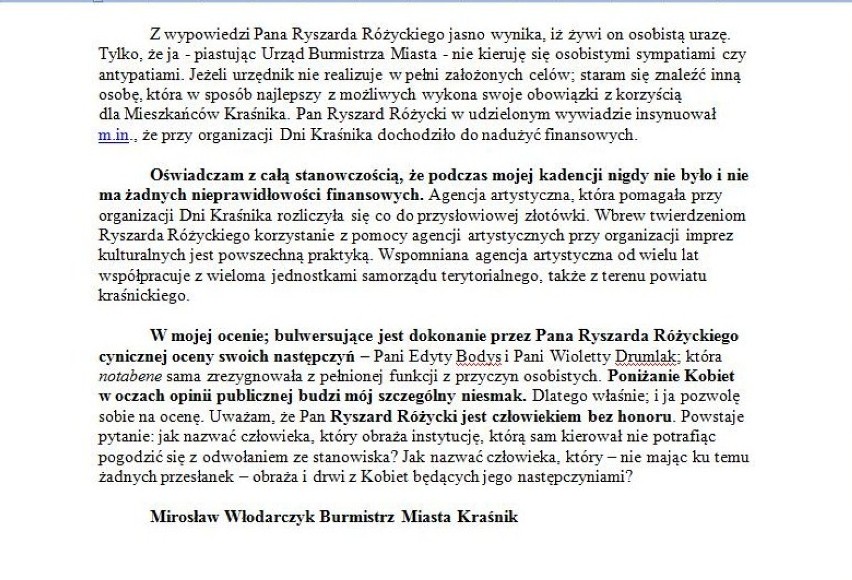 Kraśnik: Jest reakcja na wywiad Różyckiego. Trzy oświadczenia w jeden dzień