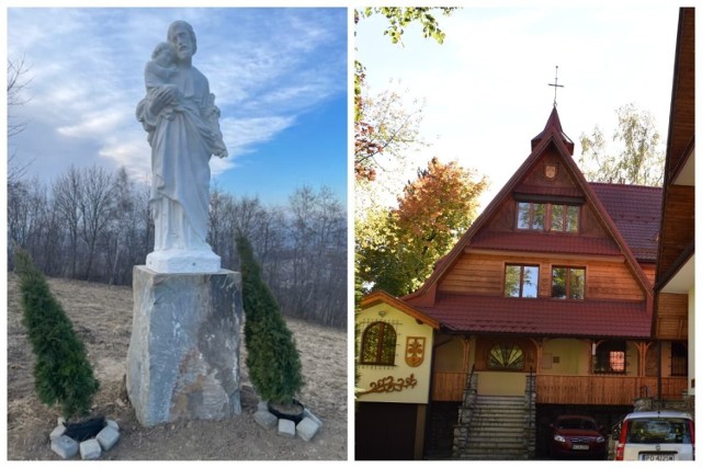 Od lewej figurka św. Józefa na wzgórzu w Stróży. Drewniany budynek w Zakopanem to obecna siedziba sióstr
