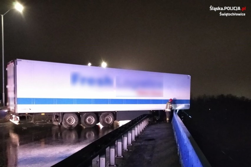 Kierowca samochodu ciężarowego stracił panowanie nad pojazdem na odcinku DTŚ w Świętochłowicach. Naczepa ciężarówki zawisła na wiadukcie  