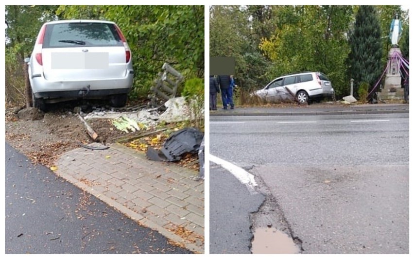 Wypadek na drodze Włocławek - Brześć Kujawski. Samochód uderzył w ogrodzenie kapliczki [zdjęcia]