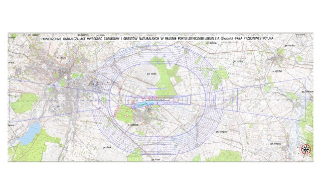 Mapa pokazująca przebieg osi startów i lądowań na lotnisku w Świdniku.