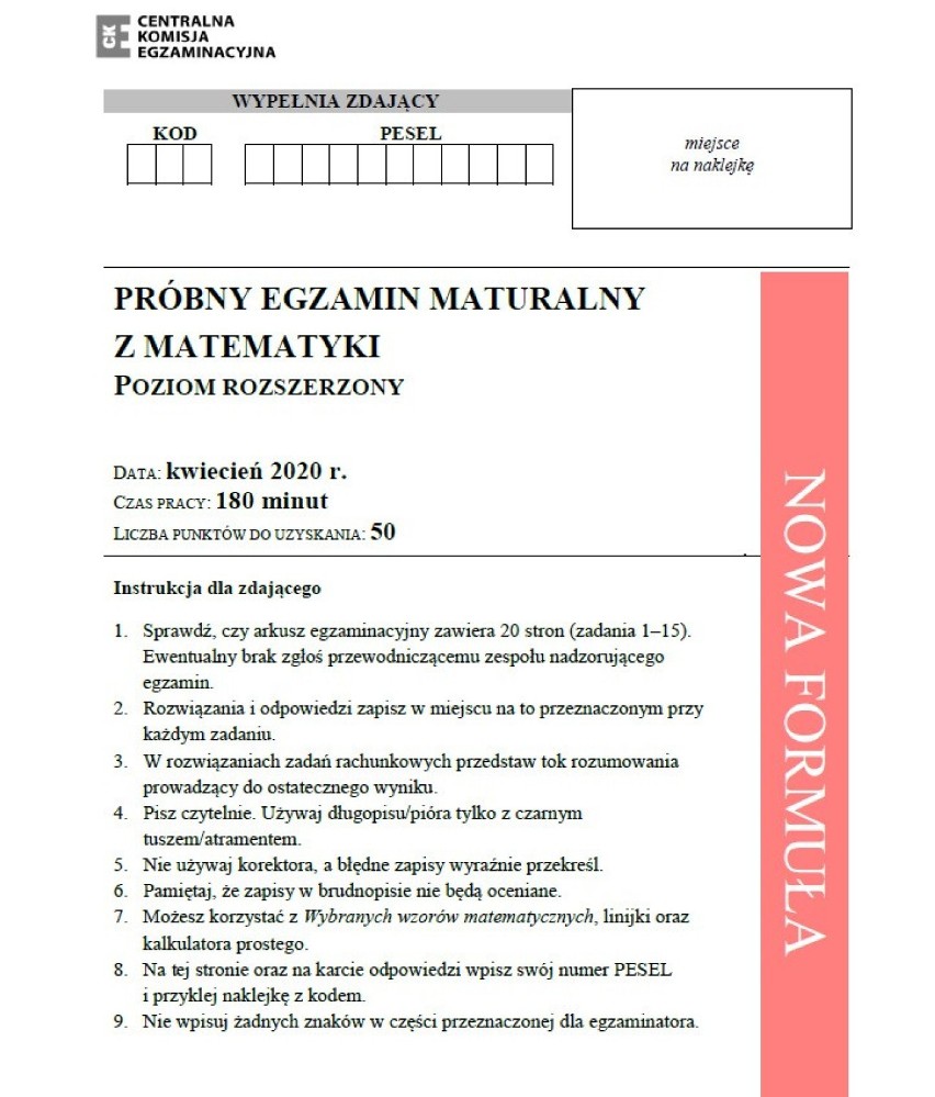 Matura próbna 2020 matematyka poziom rozszerzony. Arkusz CKE. Jakie zadania na maturze online z matematyki na p. rozszerzonym. Kiedy wyniki?