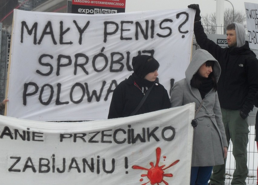 Sosnowiec: Weganie protestowali przeciwko targom łowieckim w Expo Silesia [ZDJĘCIA i WIDEO]