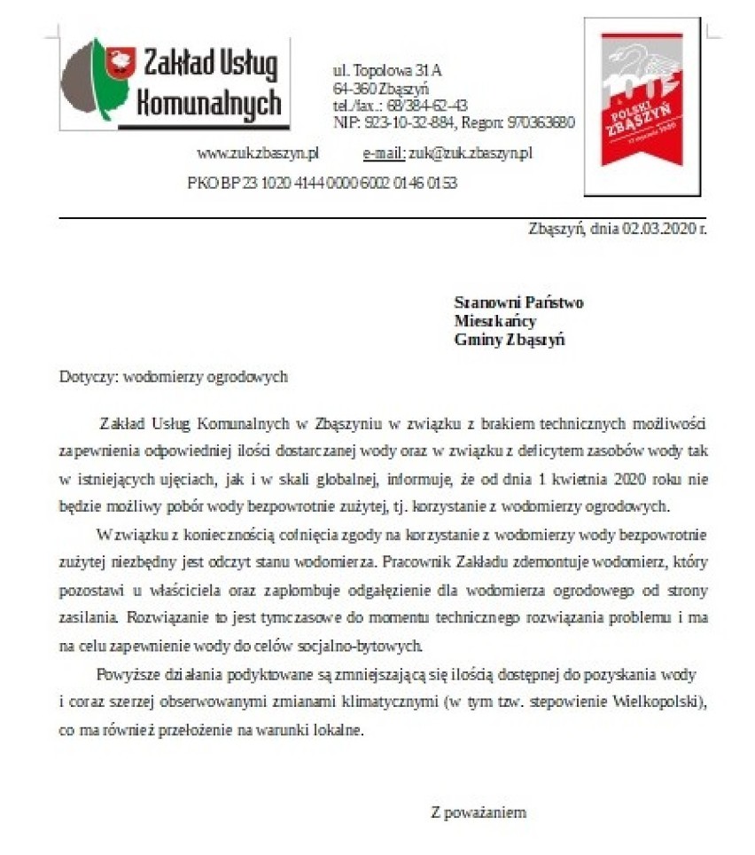 Gmina Zbąszyń: od 1 kwietnia 2020 roku nie będzie możliwy pobór wody bezpowrotnie zużytej, tj. korzystanie z wodomierzy ogrodowych