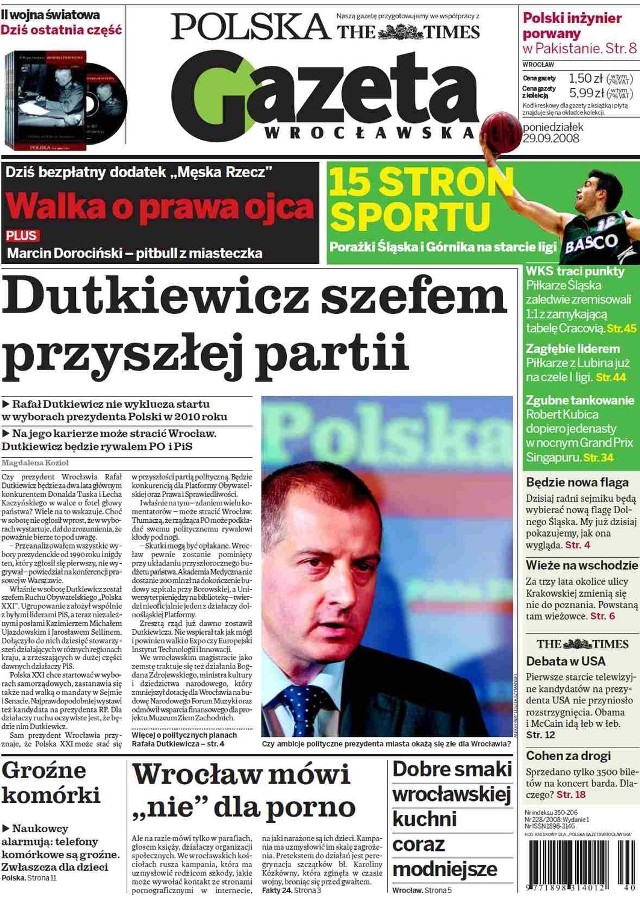 Rok 2008.Czy prezydent Wrocławia Rafał Dutkiewicz będzie za dwa lata głównym konkurentem Donalda Tuska i Lecha Kaczyńskiego w walce o fotel głowy państwa? - pyta na pierwszej stronie Magdalena Kozioł. - Wiele na to wskazuje. Choć w sobotę nie ogłosił wprost, że w wyborach wystartuje, dał do zrozumienia, żepoważnie bierze to pod uwagę.&#8211; Przeanalizowałem wszystkie wybory prezydenckie od 1990 roku i nigdy ten, który zgłosił się pierwszy, nie wygrywał &#8211;powiedział na konferencji prasowej w Warszawie.Właśnie w sobotę Dutkiewicz został szefem Ruchu Obywatelskiego &#8222;Polska XXI&#8221;. Ugrupowanie założył wspólniez byłymi liderami PiS, a teraz niezależnymi posłami Kazimierzem Michałem Ujazdowskim i Jarosławem Sellinem.Dołączyło do nich dziesięć stowarzyszeń działających w różnych regionach kraju, a zrzeszających w dużej części dawnych działaczy PiS.