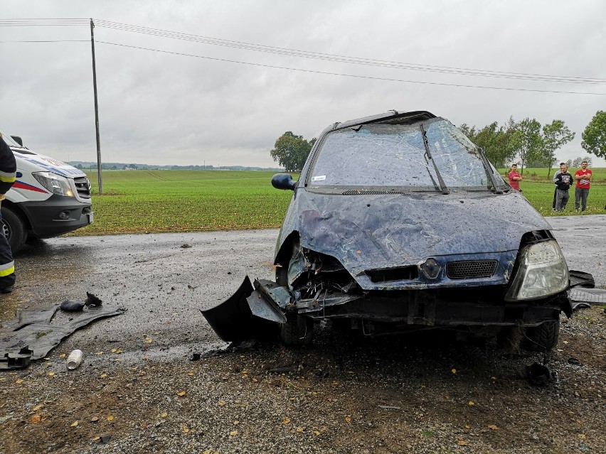 Renault dachowało w Linowie pod Grudziądzem. Samochód prowadził pijany Ukrainiec [zdjęcia]