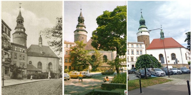 Ulica Bankowa widok na Kaplice św. Anny. Zdjęcie z lewej lata 1918-1928, zdjęcie środkowe rok 1985, zdjęcie z prawej rok 2022