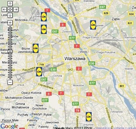 Lokalizacja sklepów Lidl na terenie Warszawy