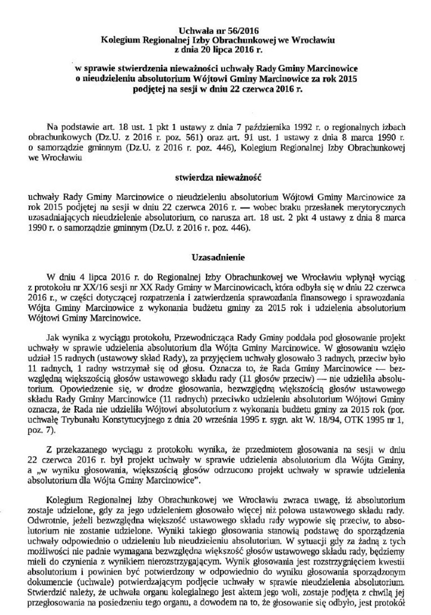 RIO unieważniła uchwałę o nieudzieleniu absolutorium wójtowi Marcinowic