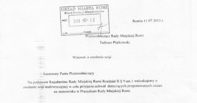 Wniosek w sprawie sesji, a w praktyce wniosek o odwołanie przewodniczącego Rady Miejskiej Rumi