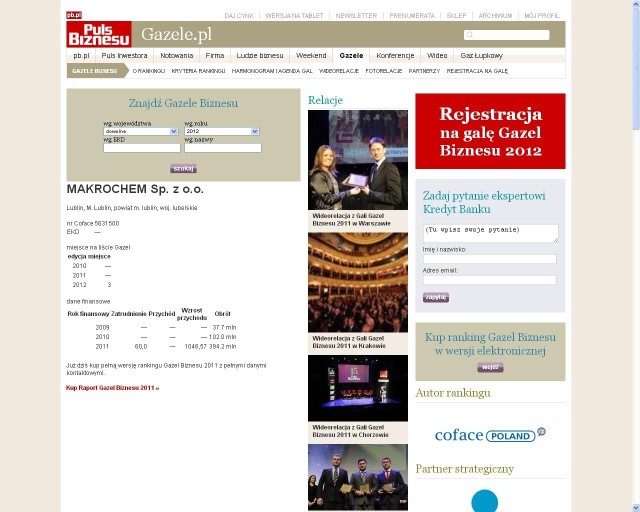 Makrochem z Lublina na trzecim miejscu w rankingu "Gazele Biznesu 2012"