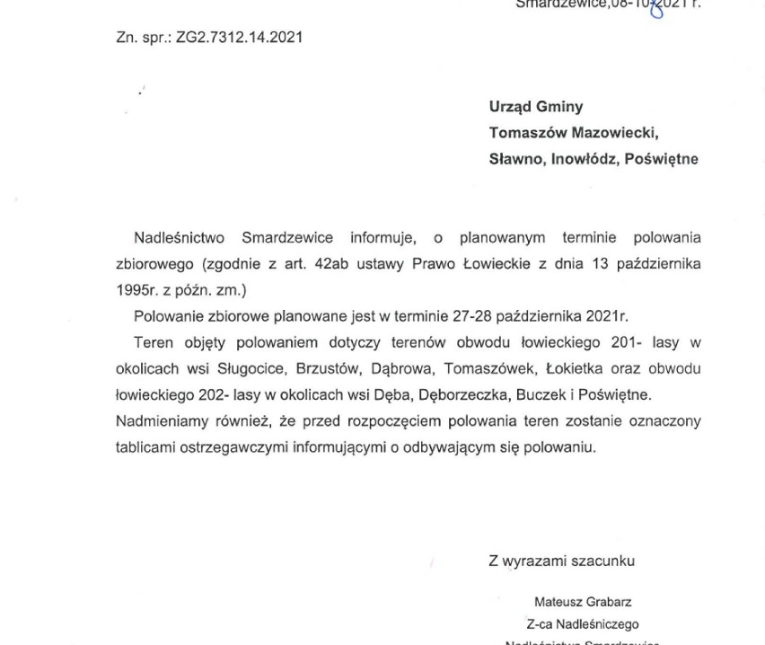 Uwaga na polowania zbiorowe w lasach koło Tomaszowa Mazowieckiego, Spały, Opoczna i Poświętnego