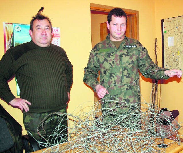 Ryszard Krawczyk i Wojciech Mik, strażnicy leśni z Nadleśnictwa Olkusz, ze znalezionymi w lesie wnykami. W ciągu jednego patrolu  strażnicy likwidują kilkanaście pułapek