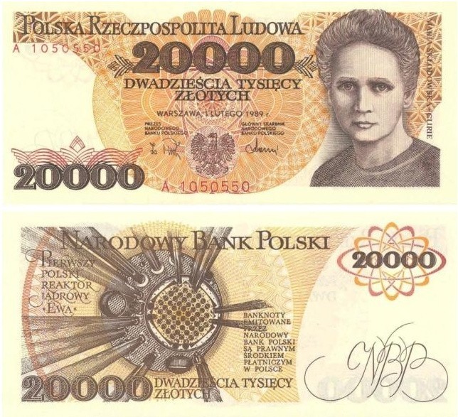 Stary banknot z Marią Skłodowską-Curie