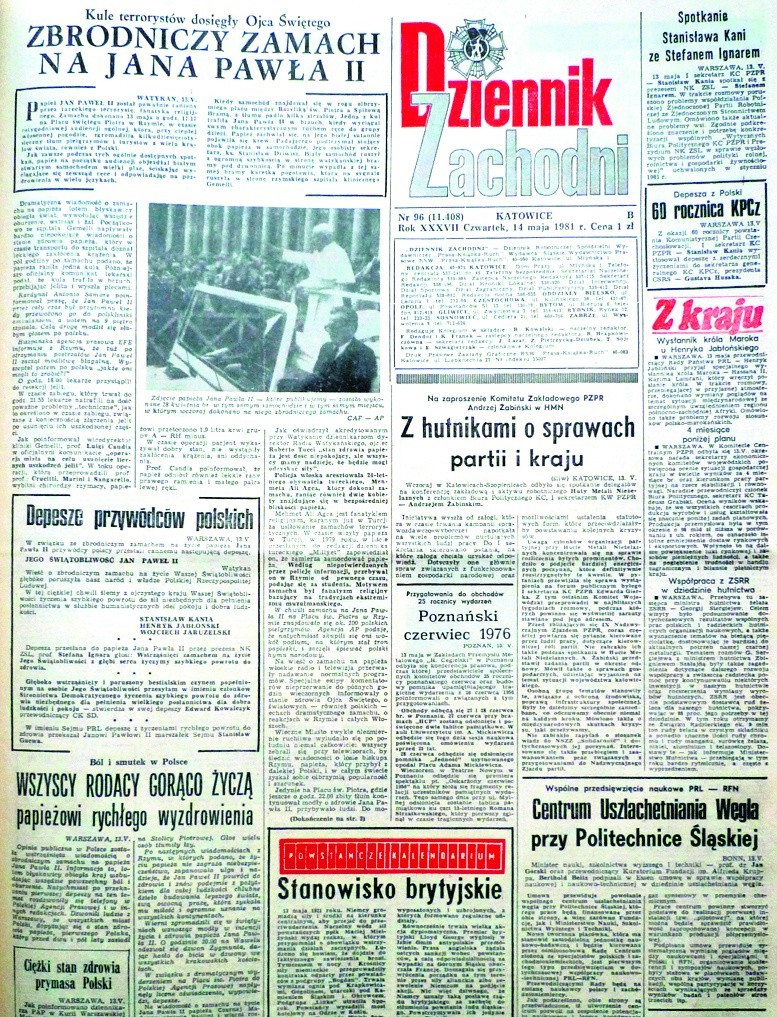 "Dziennik Zachodni" z 14 maja 1981 roku - dzień po zamachu