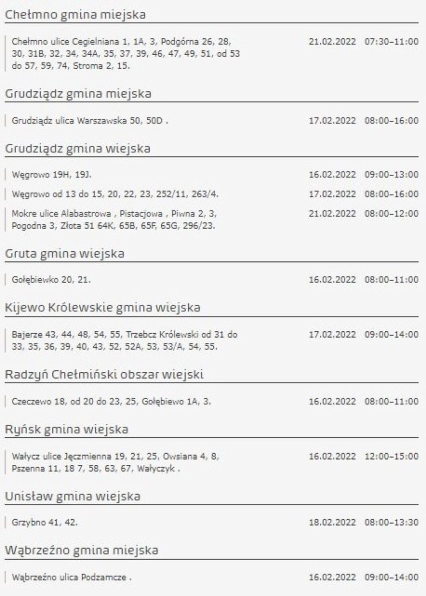 Tu nie będzie prądu w Kujawsko-Pomorskiem [miasta, gminy - 18 lutego 2022]