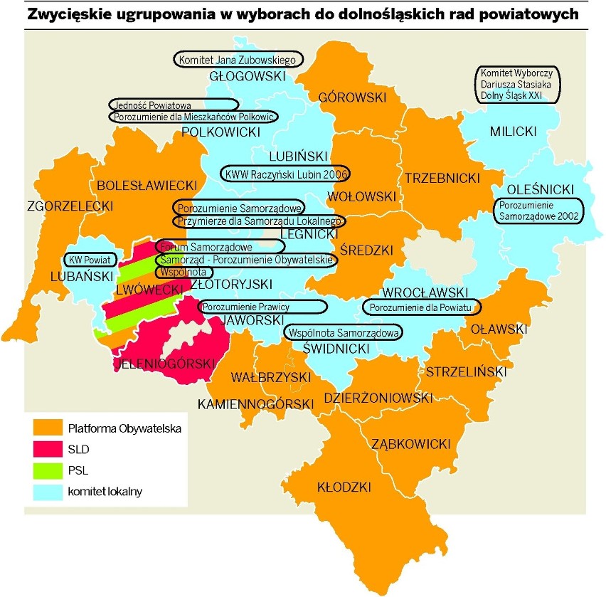 Mapka: Zwycięskie ugrupowania w powiatach dolnośląskich