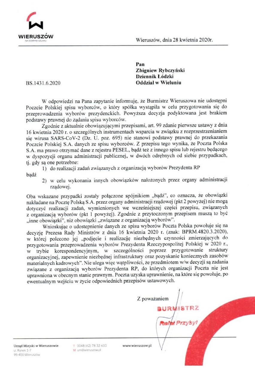 Stanowisko burmistrza Wieruszowa w sprawie wniosku Poczty Polskiej (kliknij na dokumencie, aby powiększyć)