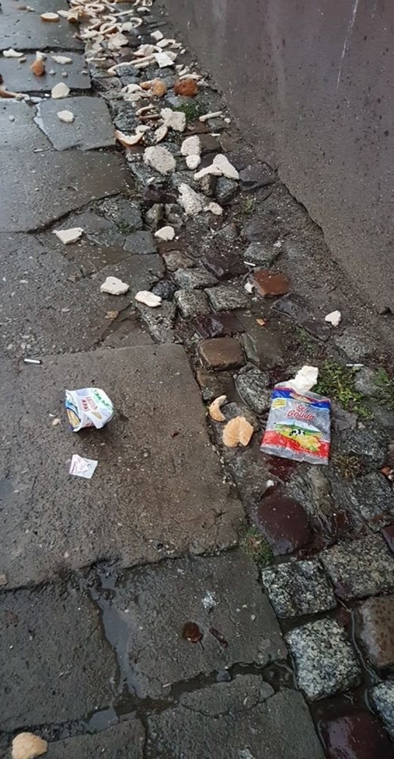 Porozrzucane na chodniku resztki jedzenia oraz śmieci – z...