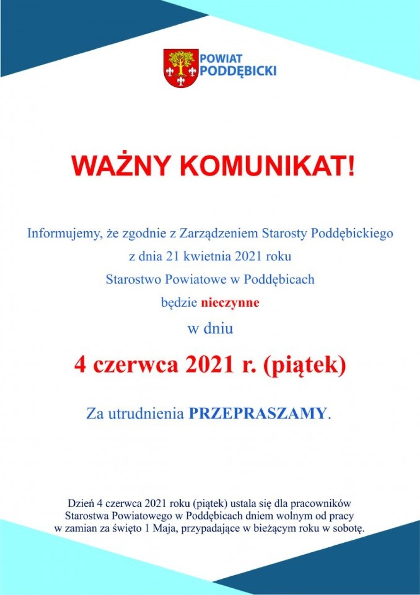 Starostwo Powiatowe w Poddębicach w zamian za 1 Maja będzie miało wolne dnia...