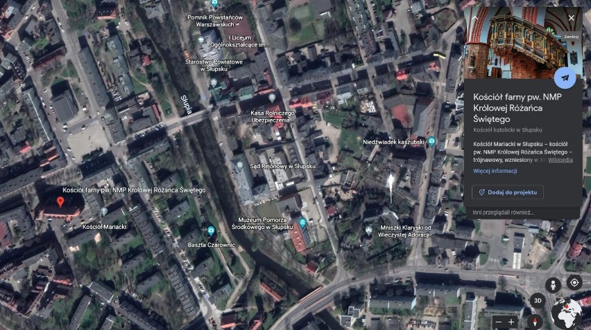 Słupsk i jego znane miejsca na zdjęciach satelitarnych