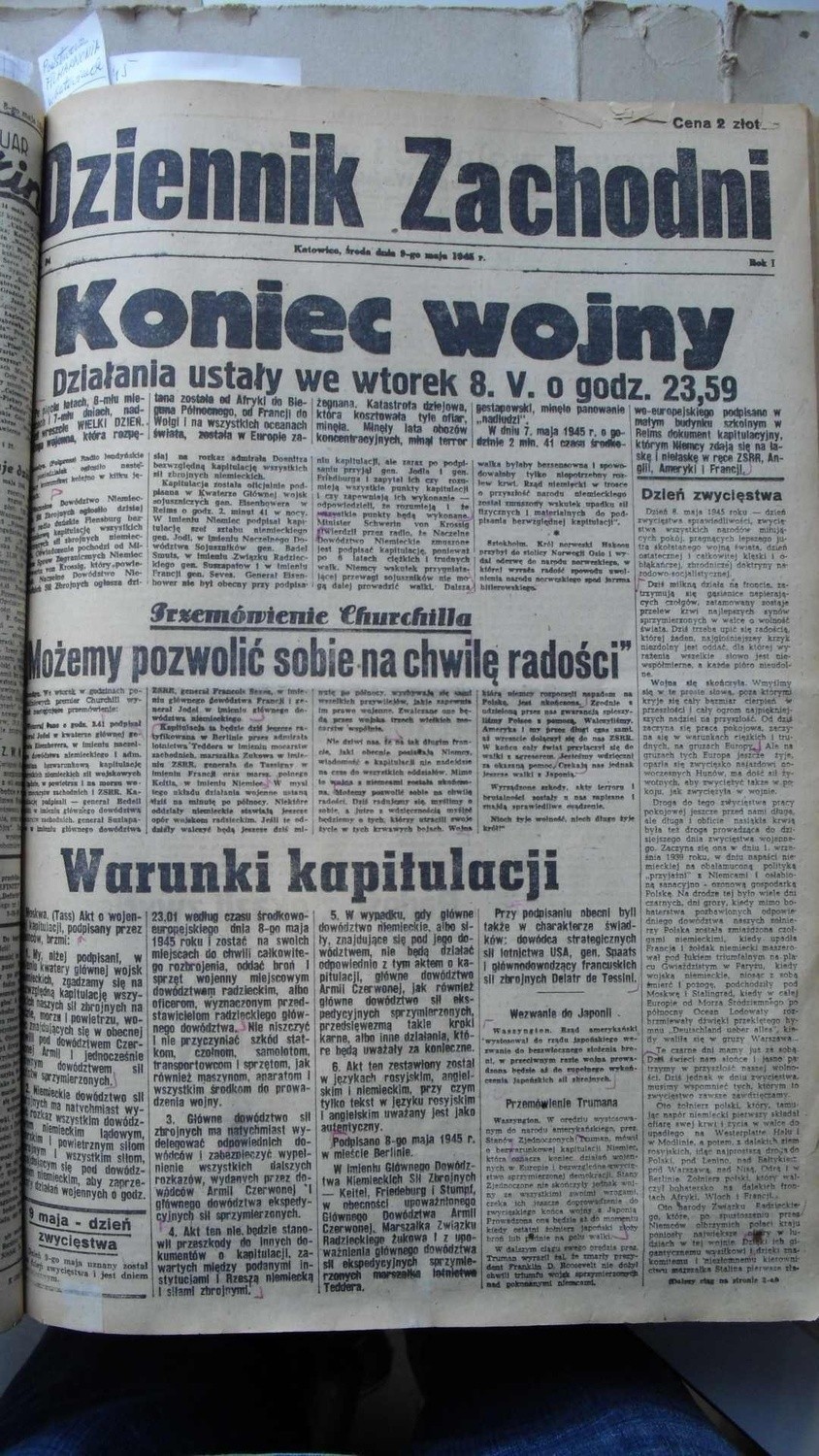 Pierwsza strona Dziennika Zachodniego z 9 maja 1945 r.