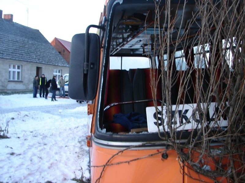 Ślisko! Autobus wiozący dzieci uderzył w drzewo. Zdjęcia