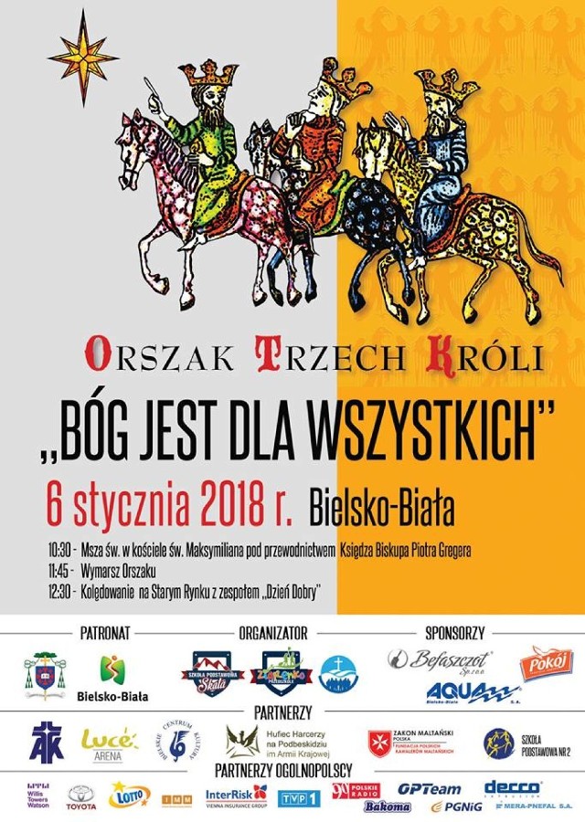 Orszak Trzech Króli 2018 BIELSKO-BIAŁA

Orszak rozpocznie się od mszy św. w Kościele św. Maksymiliana w Bielsku-Białej Aleksandrowicach. O 11.45 uformuje się orszak, który przejdzie ulicami: Wrzosową, Cieszyńską, rondo Hulanka, Cieszyńską na Stary Rynek . O 12.30  kolędowanie z zespołem Dzień Dobry na Starym Rynku. W rolę Trzech Króli wcielą się: 

Tomasz Lorek - który od 1999 roku pracuje w Teatrze Polskim w Bielsku-Białej. Jest wspaniałym aktorem, reżyserem, a także współzałożycielem Stowarzyszenia Teatr Inspiracji. 

Jan Bierówka - Prezes spółki BEFASZCZOT z Bielska-Białej. Pan Jan po raz drugi będzie czynił honory Mędrca ze Wschodu. 
Jacek Borusiński - aktor i autor tekstów z Kabaretu Mumio. I dla niego to nie będzie debiut - już wcześniej miał okazję być Mędrcem na bielskim Orszaku. 

Więcej szczegółów - kliknij TUTAJ.