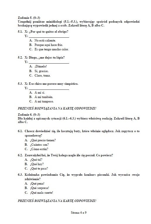 Próbny egzamin gimnazjalny: Język hiszpański podstawowy (ODPOWIEDZI I ARKUSZ)